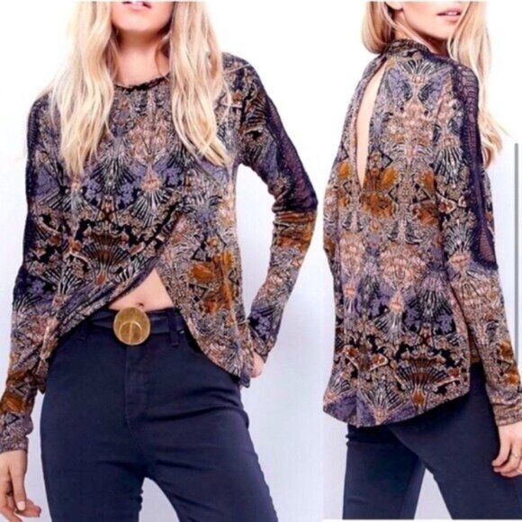 Free People Art Nouveau Print Blouse Size Small lace shoulders cross cross front - Picture 1 of 6